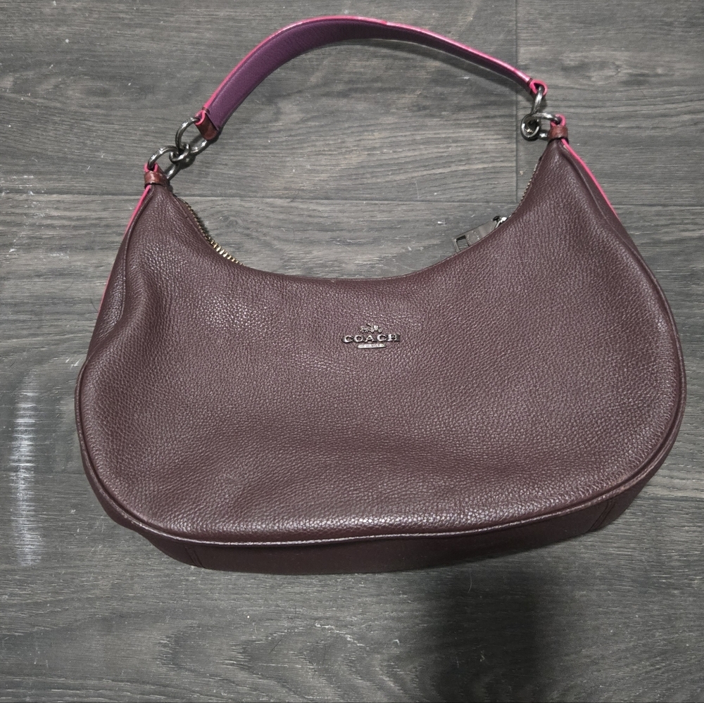 Coach Pebbled Leather Hobo Bag in Plum with Pink Trim